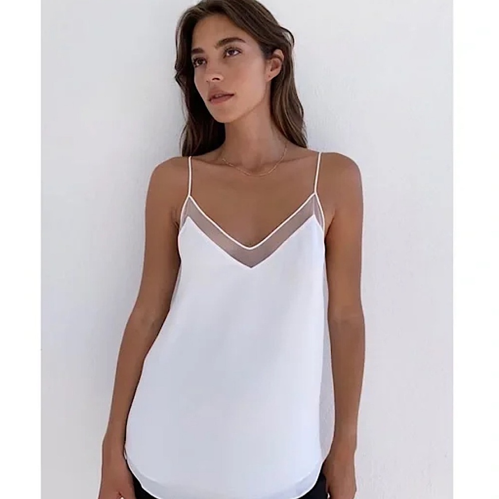 Aritzia White Spaghetti Strap V-Neck Camisole with Sheer Trim